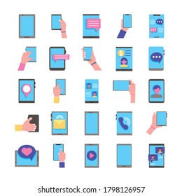 bundle of twenty five smartphones devices set collection icons vector illustration design