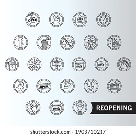 conjunto de veinticuatro etiquetas de reapertura conjunto iconos de estilo de línea y diseño de ilustración vectorial con letras