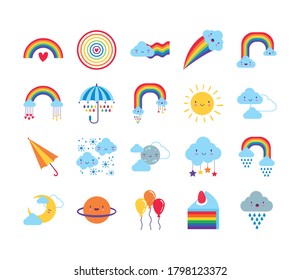 conjunto de veinte arcos y caracteres kawaii diseño de ilustraciones vectoriales