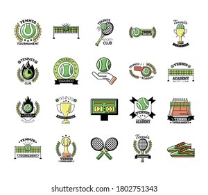 bundle of twenty sport tennis set collection icons vector illustration design