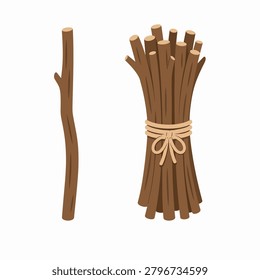 A bundle of twigs tied with ribbon next to a single twig on a white background.