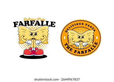 A bundle of two farfalle pasta mascot designs in retro cartoon style, featuring a bowtie-shaped character and a logo badge. Perfect for food packaging, children branding, and merchandise.