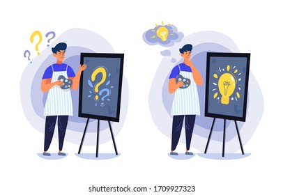 Bundle of two images of a young designer, freelancer or painter who tries to catch his idea.