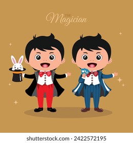 A bundle of two young boy magician cartoon illustration