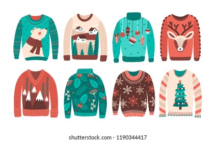 Bundle of ugly Christmas sweaters or jumpers isolated on white background. Set of seasonal knitted warm winter clothing with weird prints. Colorful vector illustration in flat cartoon style.