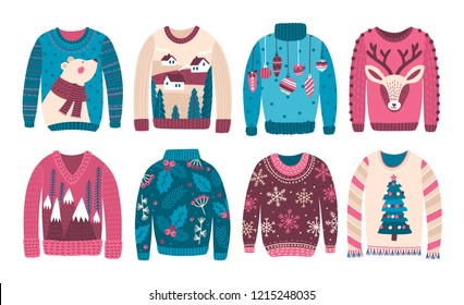 Bundle of ugly Christmas sweaters or jumpers isolated on white background. Collection of odd or strange seasonal woolen clothes with holiday prints and patterns. Flat cartoon vector illustration.