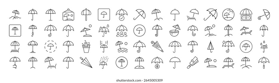 Bundle of Umbrella Related Line Icons. Outline Signs for Graphic and Web Design, Apps, Adverts, Various Cards