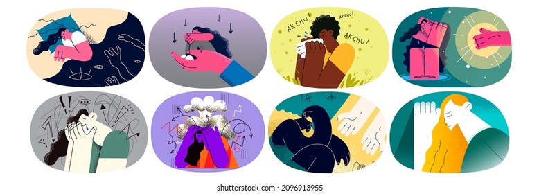 Bundle of unhappy stressed diverse women crying suffer from depression or nervous breakdown. Set of upset females distressed struggle with mental or psychological disorder. Vector illustration. 