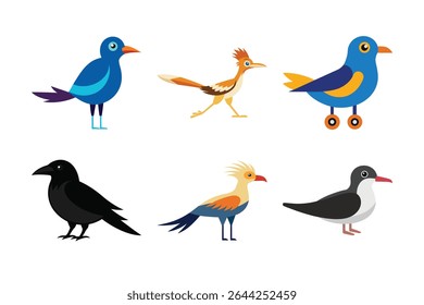Lote de pássaros únicos, incluindo trilho, pássaro, papa-léguas, pássaro-torre, ave-gralha, charuto e pássaro-rolete isolados sobre fundo branco para temas de natureza, vida selvagem e ornitologia.