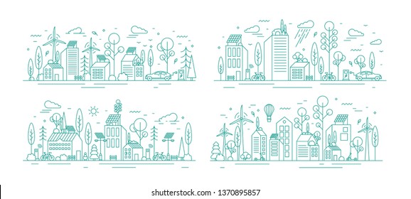 Bundle of urban landscapes with eco city using modern ecologically friendly technologies - wind power, solar energy, electric transportation. Monochrome vector illustration in line art style.