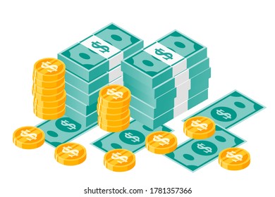 Bundle of US Dollar Banknotes Money & Gold Coin Vector Isometric Design. America Currency, Business, Finance and Payment Element. Can be Used for Digital and Print Infographic.
