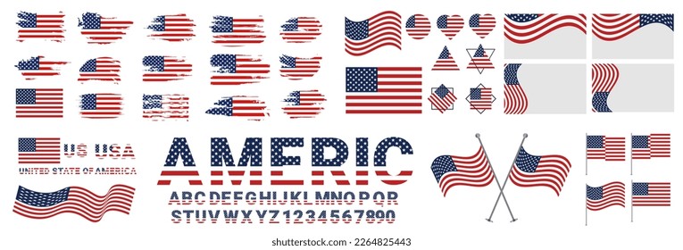 bundle of USA, United States of America icon flag symbol sign vector  mega collection illustration design. usa flag brush vector design set mega collection. usa and america text design with usa flag.