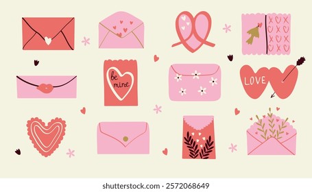 Bundle of Valentines Day envelopes. Envelope, heart, pigeon cartoon style. Vector illustration of love letter for postcard, poster, print, holiday card. 
