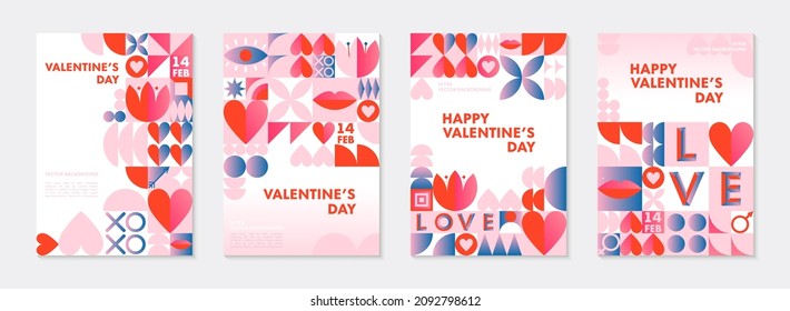 Paquete de plantillas de banners para saludos de San Valentín.Diseños vectoriales románticos al estilo bauhaus con elementos geométricos y símbolos.Diseños modernos de moda para banners, invitaciones, impresiones, ofertas de promoción.