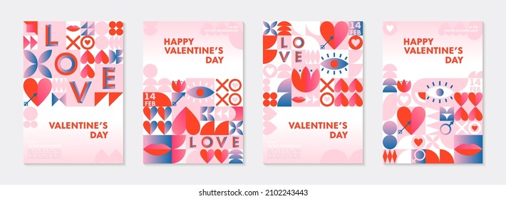 Bundle of Valentines Day greeting banners templates.Romantic vector layouts in bauhaus style with geometric elements and symbols.Modern trendy designs for banners,invitations,prints,promo offers.