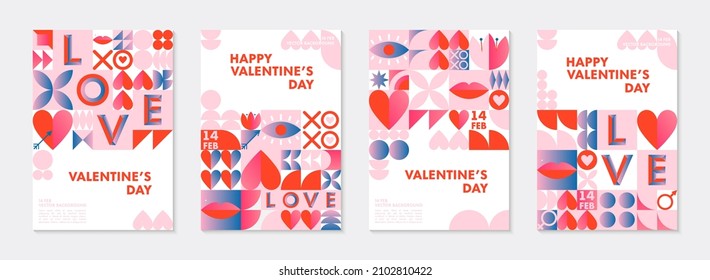 Bundle of Valentines Day greeting banners templates.Romantic vector layouts in bauhaus style with geometric elements and symbols.Modern trendy designs for banners,invitations,prints,promo offers.