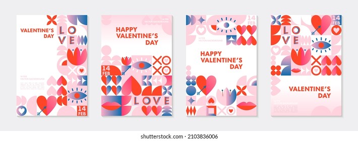 Bundle of Valentines Day greeting banners templates.Romantic vector layouts in bauhaus style with geometric elements and symbols.Modern trendy designs for banners,invitations,prints,promo offers.