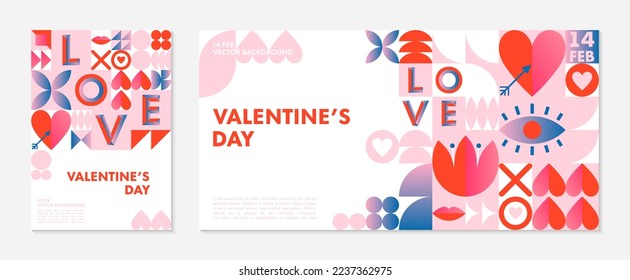 Paquete de plantillas de banners para saludos de San Valentín.Diseños vectoriales románticos al estilo bauhaus con elementos geométricos y símbolos.Diseños modernos de moda para banners, invitaciones, impresiones, ofertas de promoción.
