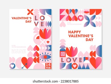 Bundle of Valentines Day greeting banners templates.Romantic vector layouts in bauhaus style with geometric elements and symbols.Modern trendy designs for banners,invitations,prints,promo offers.