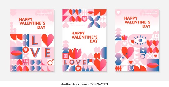 Bundle of Valentines Day greeting banners templates.Romantic vector layouts in bauhaus style with geometric elements and symbols.Modern trendy designs for banners,invitations,prints,promo offers.
