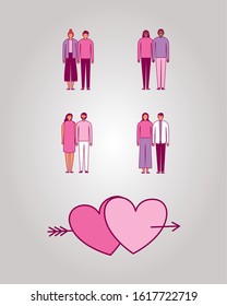 bundle of valentines day hearts and couples vector illustration design
