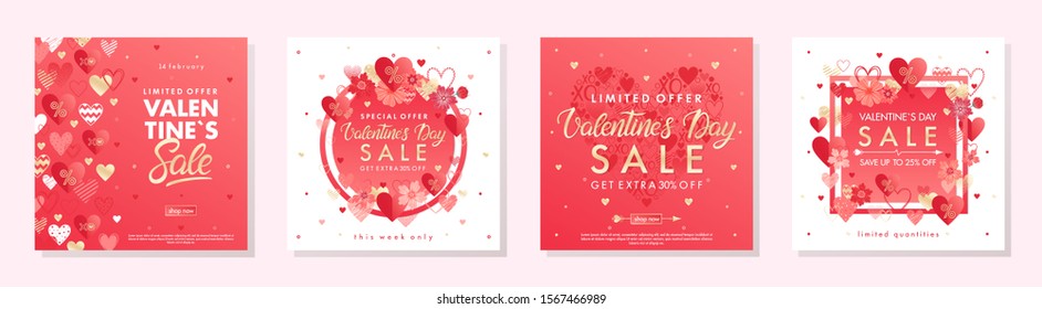 Bundle of Valentines Day special offer banners with hearts and golden foil elements.Sale templates 
