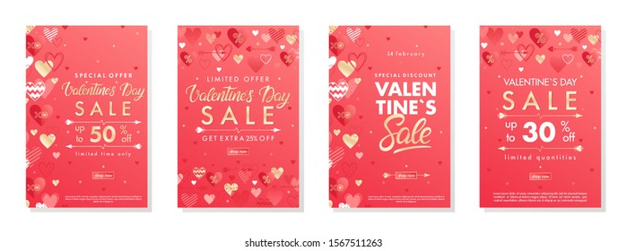 Bundle of Valentines Day special offer banners with hearts and golden foil elements.Sale templates