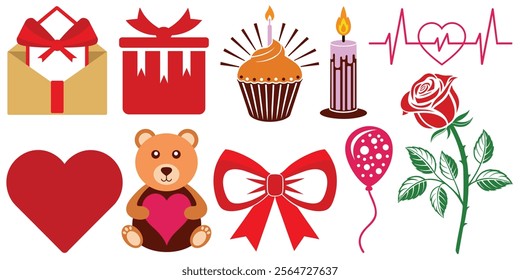 Bundle of Valentine's Day vector elements on a white background: A rose, Heartbeat, Candle, Bow, Cake, Balloon, Message envelope, Love shape, Teddy bear and Gift box