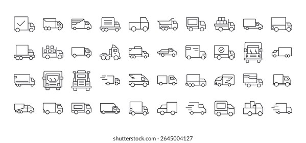 Conjunto de ícones de linha relacionados com Van e Caminhão. Outline Signs para Gráficos e Web Design, Apps, Anúncios, Vários Cartões 
