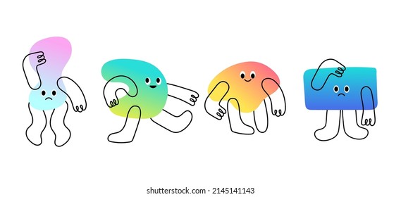 Bundle of various bright characters in the style of doodle with gradient. Colorful set of isolated abstract creatures with arms and legs. Illustrations for children. Vector flat design