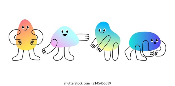 Bundle of various bright creatures with body and hands. Cute disproportionate characters with a gradient. Vector illustration for kids. Vector isolated flat style illustration