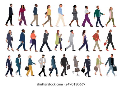 Bundle of Various business people walking side view. Modern men and women different ethnicities, ages, body types in smart casual and formal office outfits with phone, briefcase, bags. Vector isolated