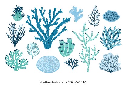 Bundle Of Various Corals And Seaweed Or Algae Isolated On White Background. Set Of Blue And Green Underwater Species, Marine Creatures, Sea Or Ocean Flora And Fauna. Flat Colorful Vector Illustration