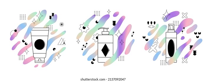 Bundle of various cosmetic container for face, skin, hair and halographic sprays with geometric shapes. Bottles, tubes and jars for organic lotion, cream, shampoo and gel. Vector flat illustration 