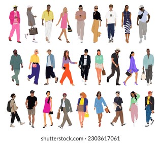 Un grupo de varias personas caminando por delante, con vistas laterales. Hombres y mujeres modernos de diferentes etnias, edades y tipos de cuerpo en trajes informales inteligentes de moda. Ilustraciones vectoriales aisladas, fondo blanco