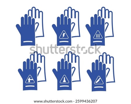 Bundle various safety gloves icon for high voltage electricity, sharp objects, hot surfaces, hammers, chemical labs, etc.