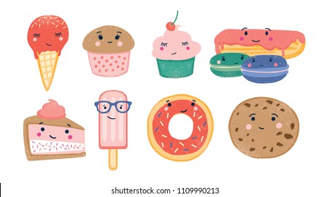 Bundle of various sweet desserts and baked confections with cute smiling faces isolated on white background. Adorable funny cartoon characters. Colorful childish vector illustration in flat style