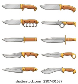 Bundle of various types of knives and daggers, doodle line art