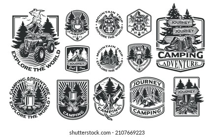 Bundle vector badge on the camping theme. Perfect for posters, apparel, T-shirt design, and many other uses. 
