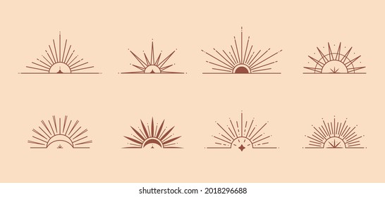 Bundle of vector bohemian logo design templates with sun,moon,star and sunburst.Boho linear icons or symbols in trendy minimalist style.Modern celestial emblems.Branding designs templates