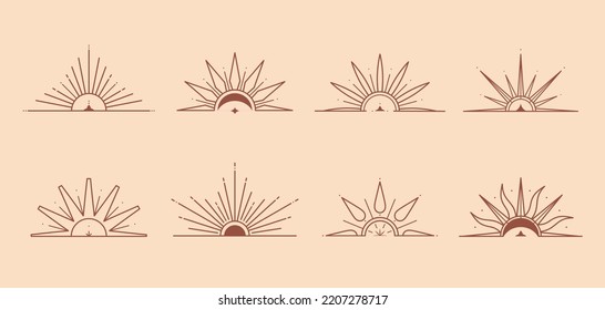 Bundle of vector bohemian logo design templates with sun,moon,star and sunburst.Boho linear icons or symbols in trendy minimalist style.Modern celestial emblems.Branding designs templates.