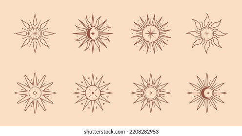 Bundle of vector bohemian logo design templates with sun,moon,star and sunburst.Boho linear icons or symbols in trendy minimalist style.Modern celestial emblems.Branding designs templates.