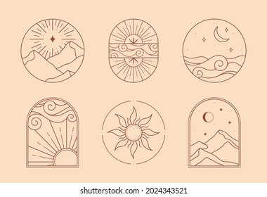 Bundle of vector bohemian logos; icons;symbols with sun;mountain landscape;aurora lights;crescent moon;sea;sky;star and sunburst. Boho linear symbols in trendy minimal style.Modern celestial emblems.