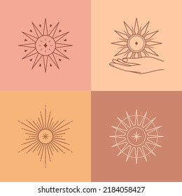 Bundle of vector bohemian logos,icons,symbols with moon,hand holding sun,star and sunburst.Boho linear symbols in trendy minimalist style.Modern celestial emblems.Branding design templates.