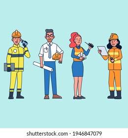 Bundle of vector characters People in various occupations such as firefighter, project supervisor, foreman. flat illustration vector design