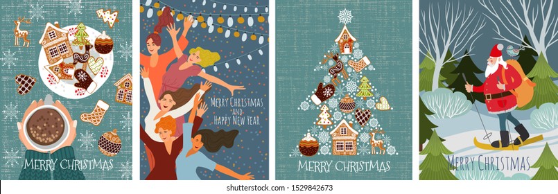 Bundle of vector christmas cards with gingerbread cookies, dancing people and santa claus skiing in the forest . Cute flat hand draw illustration