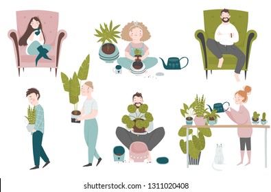 	
Bundle of vector flat hand drawn illustrations of young men and women take care of plants. Home gardening. Urban jungle, trendy home decor. Young people and plants