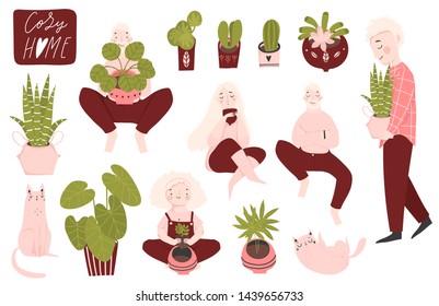 Bundle of vector flat hand drawn illustrations of young men and women take care of plants. Home gardening. Urban jungle, trendy home decor. Young people and plants