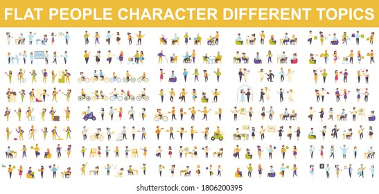 Bundle vector flat people character. Contains such as Medical, Students, Pupils, Office Managers, Builders, Hipsters, Shoppers and more. Cartoon people in different poses. Vector illustration.