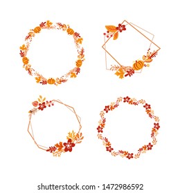 Bundle of vector frame autumn bouquet wreath with place for text. Orange leaves, berries and pumpkin isolated. Perfect for seasonal holidays, Thanksgiving Day